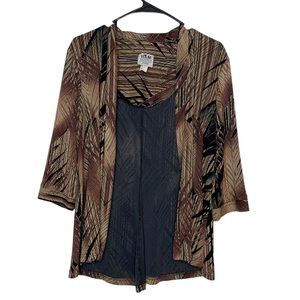 R&M Richards Petite Jacket Size 12P Brown Tan Black Grass Stripe Print Kimono